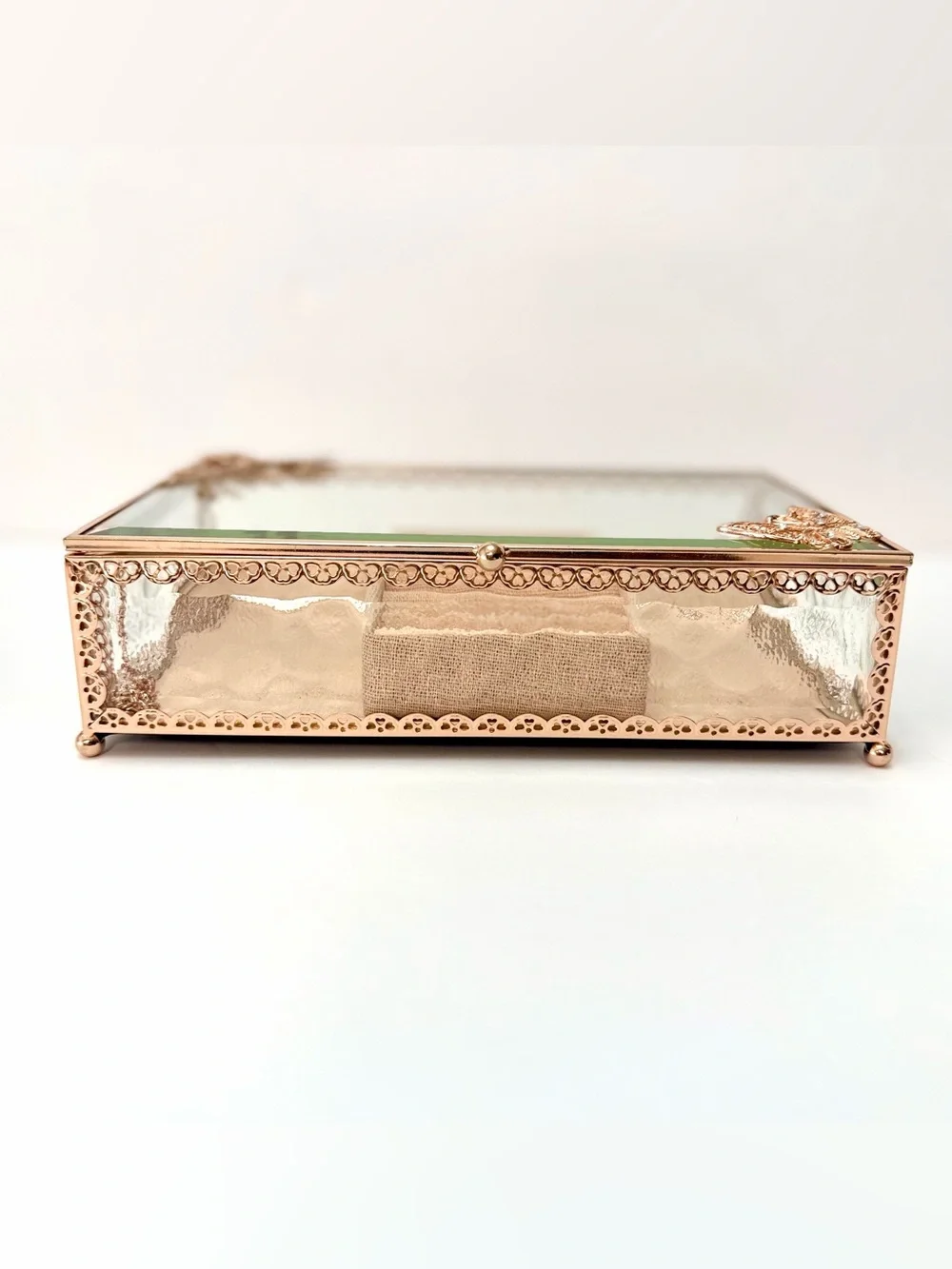 Rose Gold Glass Jewelry Box Butterfly Floral Design Ring Organizer Display Case